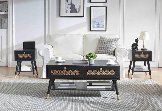 Alt view image 7 of 7 - Mid Century Modern Black Coffee Table with Storage Drawers & Open Shelf, Solid Wooden Boho Rectangle Table with Metal Legs Designed for Living Room, Office, Lounge. Black Color with Golden Decor