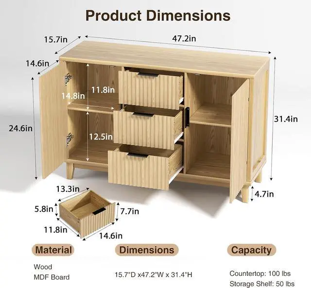 Alt view image 2 of 7 - 47.2" W Storage Cabinet with 3 Drawers, Fluted Buffet Cabinet with Storage