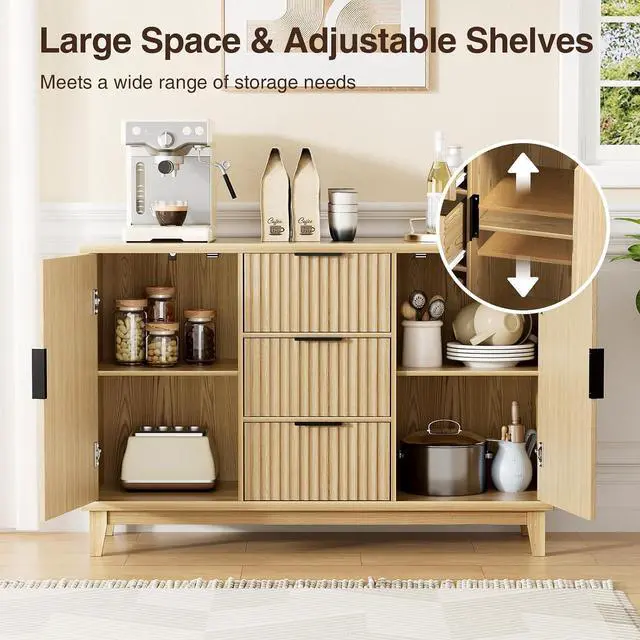 Alt view image 4 of 7 - 47.2" W Storage Cabinet with 3 Drawers, Fluted Buffet Cabinet with Storage