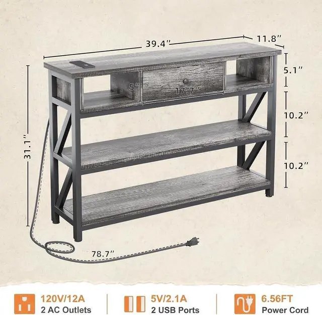 Alt view image 3 of 7 - Mexin 39 Inch Console Table with 2 Outlet and 2 USB Ports, Entryway Table with Drawer and Storage Shelves, Narrow Sofa Table for Living Room and Hallway, Grey Oak
