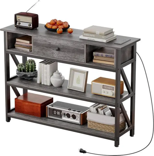 Main image of Mexin 39 Inch Console Table with 2 Outlet and 2 USB Ports, Entryway Table with Drawer and Storage Shelves, Narrow Sofa Table for Living Room and Hallway, Grey Oak