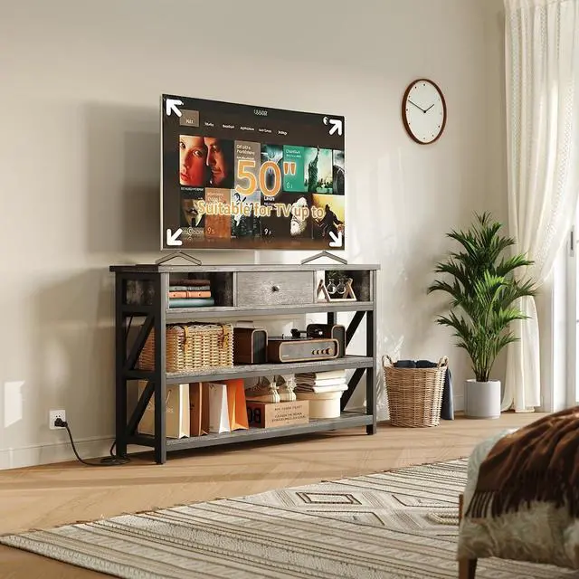 Alt view image 2 of 7 - Mexin 39 Inch Console Table with 2 Outlet and 2 USB Ports, Entryway Table with Drawer and Storage Shelves, Narrow Sofa Table for Living Room and Hallway, Grey Oak