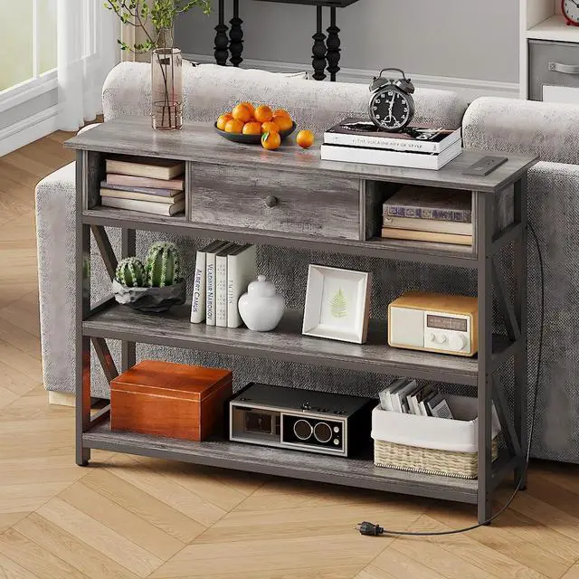 Alt view image 5 of 7 - Mexin 39 Inch Console Table with 2 Outlet and 2 USB Ports, Entryway Table with Drawer and Storage Shelves, Narrow Sofa Table for Living Room and Hallway, Grey Oak