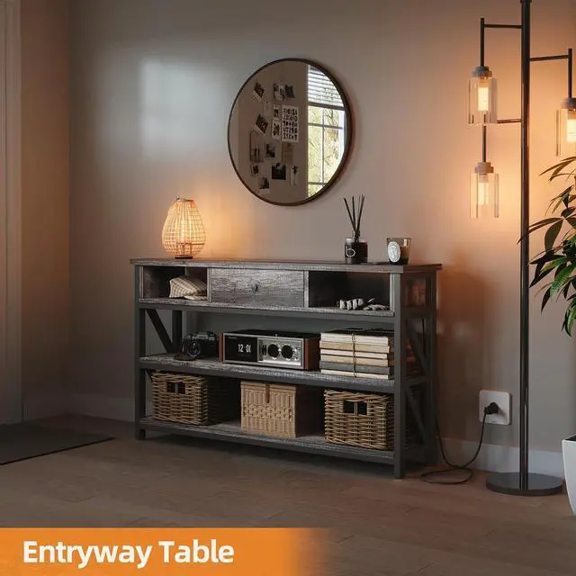 Alt view image 6 of 7 - Mexin 39 Inch Console Table with 2 Outlet and 2 USB Ports, Entryway Table with Drawer and Storage Shelves, Narrow Sofa Table for Living Room and Hallway, Grey Oak