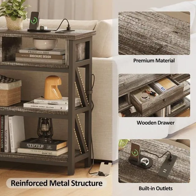 Alt view image 7 of 7 - Mexin 39 Inch Console Table with 2 Outlet and 2 USB Ports, Entryway Table with Drawer and Storage Shelves, Narrow Sofa Table for Living Room and Hallway, Grey Oak