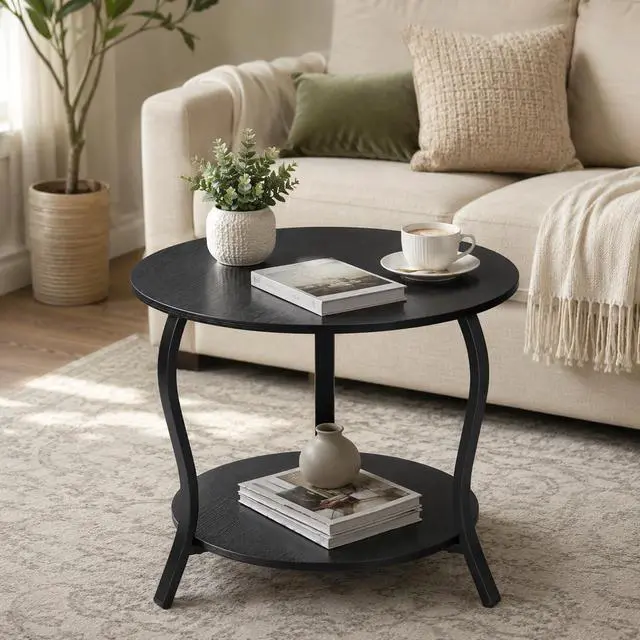 Alt view image 2 of 7 - Small Round Coffee Table with Open Storage,23" 2-Tier Coffee Side Tables for Small Space, Accent Center Table Circle Sofa End Table with Wooden Table Top for Living Room Bedroom Apartment,Black