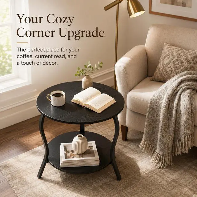 Alt view image 4 of 7 - Small Round Coffee Table with Open Storage,23" 2-Tier Coffee Side Tables for Small Space, Accent Center Table Circle Sofa End Table with Wooden Table Top for Living Room Bedroom Apartment,Black