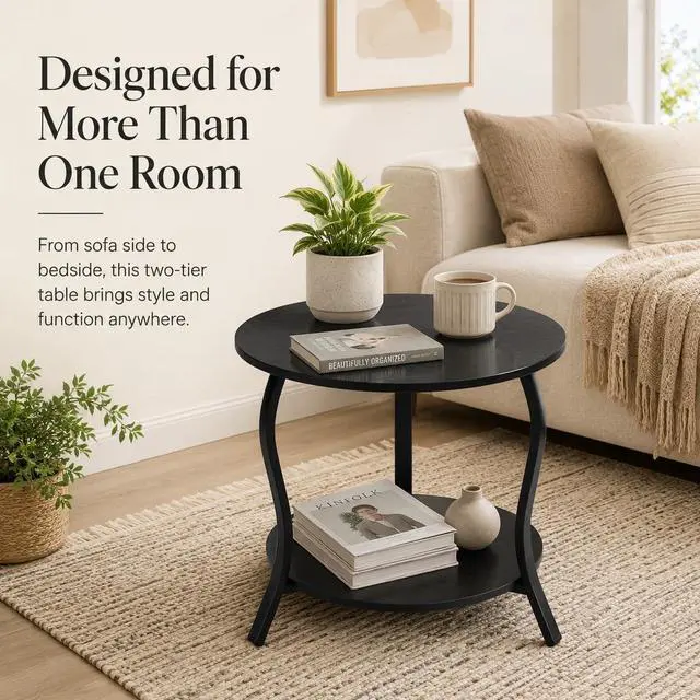 Alt view image 5 of 7 - Small Round Coffee Table with Open Storage,23" 2-Tier Coffee Side Tables for Small Space, Accent Center Table Circle Sofa End Table with Wooden Table Top for Living Room Bedroom Apartment,Black