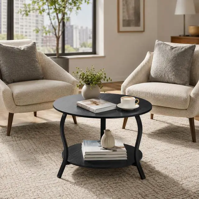 Alt view image 6 of 7 - Small Round Coffee Table with Open Storage,23" 2-Tier Coffee Side Tables for Small Space, Accent Center Table Circle Sofa End Table with Wooden Table Top for Living Room Bedroom Apartment,Black