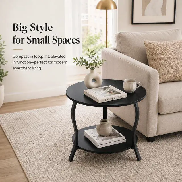 Alt view image 7 of 7 - Small Round Coffee Table with Open Storage,23" 2-Tier Coffee Side Tables for Small Space, Accent Center Table Circle Sofa End Table with Wooden Table Top for Living Room Bedroom Apartment,Black