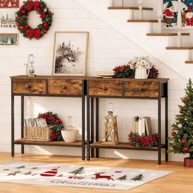 Alt view image 2 of 7 - HOOBRO 29.5" Narrow Console Table with 2 Fabric Drawers, Small Entryway Table with 2-Tier Storage Shelves, Sofa Table, Behind Couch Table, for Living Room, Hallway, Rustic Brown and Black BF71XG01