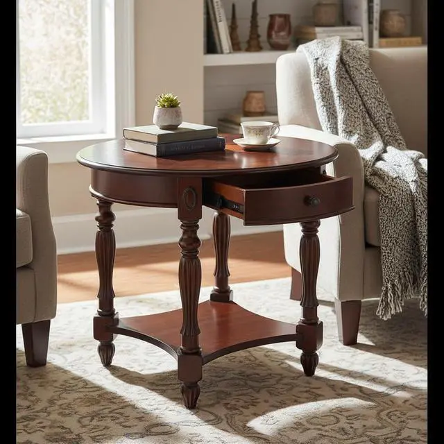Alt view image 4 of 7 - Solid Wood End Table with Drawer, Oval Sofa Side Table, Storage Shelf, Living Room Corner Table, Nightstand, 24H Cherry Walnut CJZ1533WD-DR