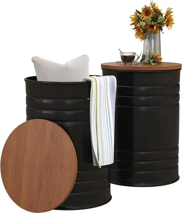 Main image of HOMCOM Nesting End Table Set of 2 with Round Storage Ottoman Stool Black
