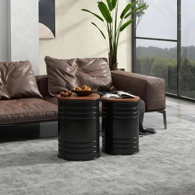 Alt view image 2 of 7 - HOMCOM Nesting End Table Set of 2 with Round Storage Ottoman Stool Black