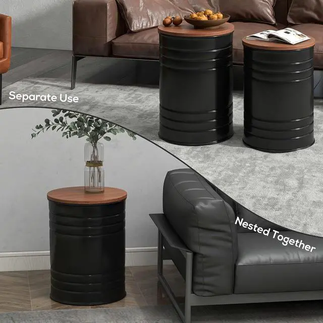 Alt view image 4 of 7 - HOMCOM Nesting End Table Set of 2 with Round Storage Ottoman Stool Black
