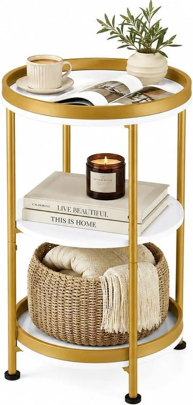 Main image of Dulcii Round Side Table with Storage Tray for Living Room, 15" L x 15" W x 24" H Bedroom Nightstand 3 Tiers Bedside Table with Steel Frame for Small Spaces (White & Gold)