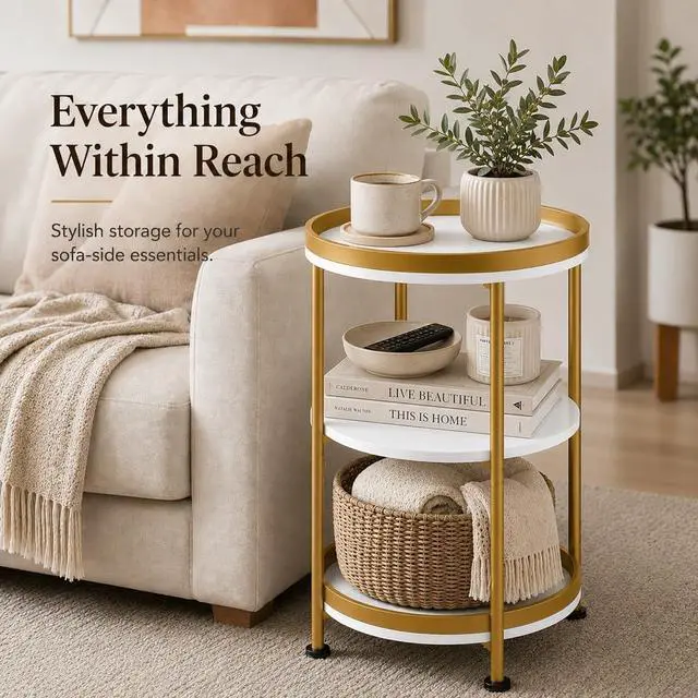 Alt view image 3 of 7 - Dulcii Round Side Table with Storage Tray for Living Room, 15" L x 15" W x 24" H Bedroom Nightstand 3 Tiers Bedside Table with Steel Frame for Small Spaces (White & Gold)