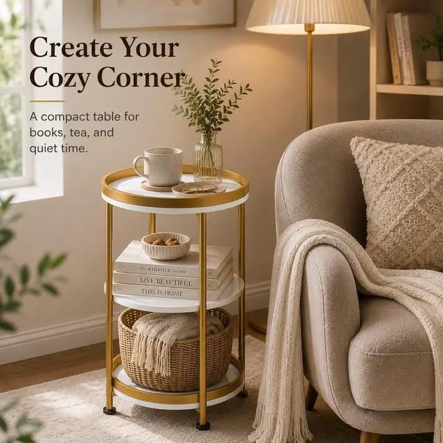 Alt view image 5 of 7 - Dulcii Round Side Table with Storage Tray for Living Room, 15" L x 15" W x 24" H Bedroom Nightstand 3 Tiers Bedside Table with Steel Frame for Small Spaces (White & Gold)