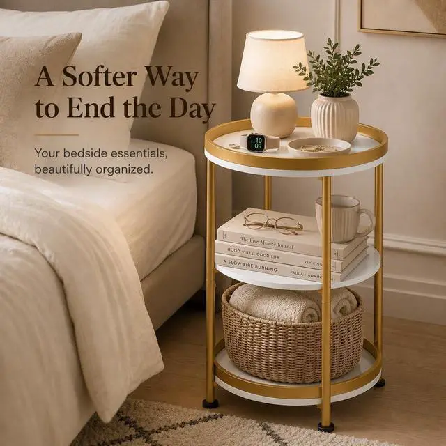 Alt view image 4 of 7 - Dulcii Round Side Table with Storage Tray for Living Room, 15" L x 15" W x 24" H Bedroom Nightstand 3 Tiers Bedside Table with Steel Frame for Small Spaces (White & Gold)