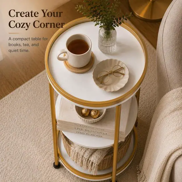Alt view image 6 of 7 - Dulcii Round Side Table with Storage Tray for Living Room, 15" L x 15" W x 24" H Bedroom Nightstand 3 Tiers Bedside Table with Steel Frame for Small Spaces (White & Gold)