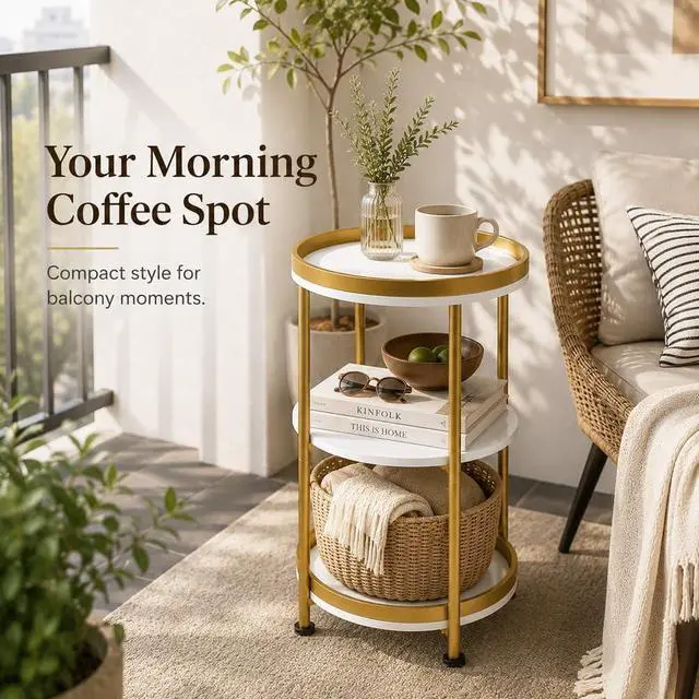 Alt view image 7 of 7 - Dulcii Round Side Table with Storage Tray for Living Room, 15" L x 15" W x 24" H Bedroom Nightstand 3 Tiers Bedside Table with Steel Frame for Small Spaces (White & Gold)