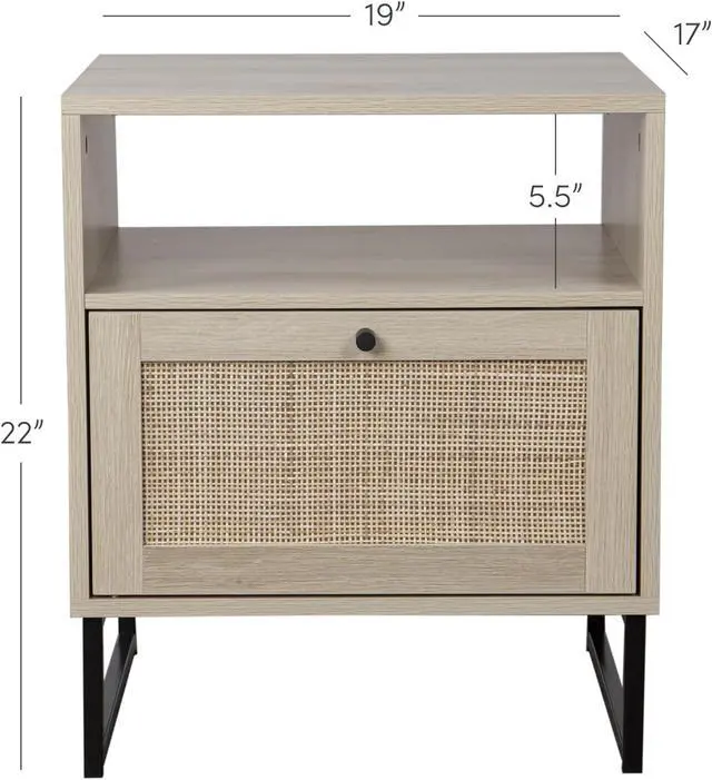 Alt view image 2 of 7 - Nathan James Mina Rattan Wood End Side Accent Table Nightstand with Storage for Living Room or Bedroom, 1, Oak/Black