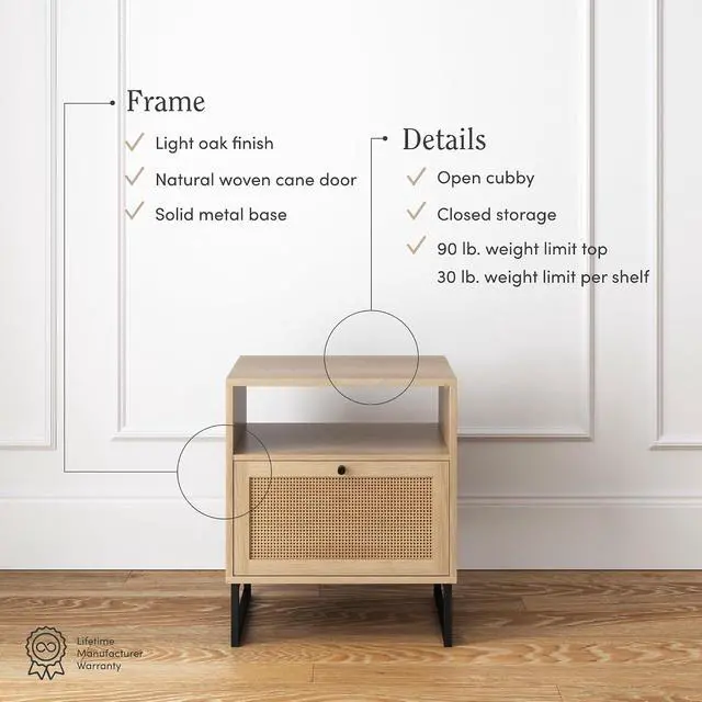 Alt view image 4 of 7 - Nathan James Mina Rattan Wood End Side Accent Table Nightstand with Storage for Living Room or Bedroom, 1, Oak/Black