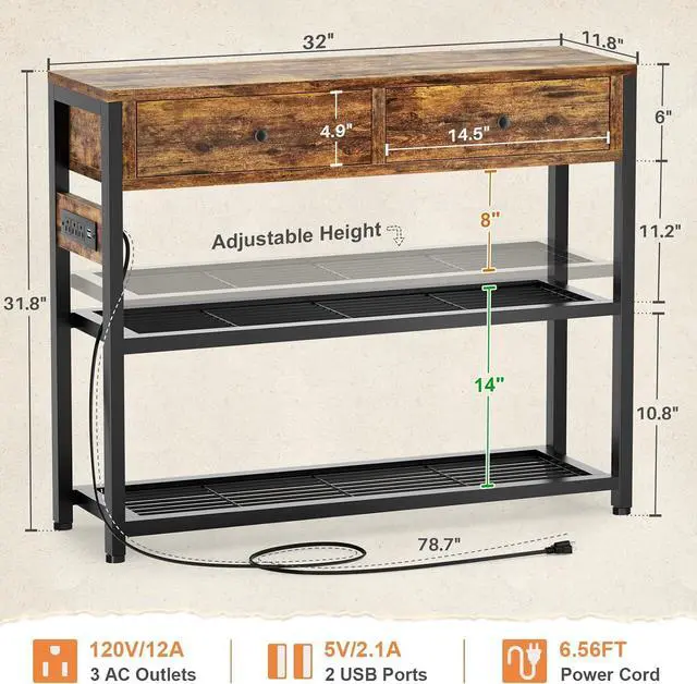 Alt view image 3 of 7 - Ecoprsio 32" Small Entryway Table with Outlets, Console Table with Drawers