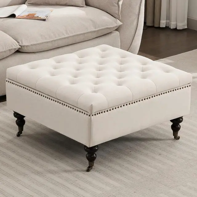 Main image of Large Square Storage Ottoman Uphlostered Tufted Button Coffee Table, Beige