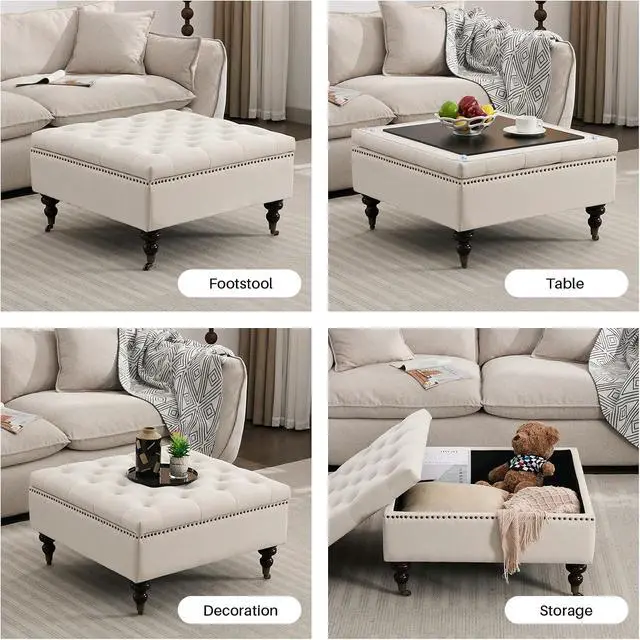 Alt view image 4 of 7 - Large Square Storage Ottoman Uphlostered Tufted Button Coffee Table, Beige