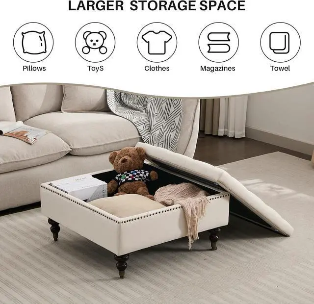 Alt view image 7 of 7 - Large Square Storage Ottoman Uphlostered Tufted Button Coffee Table, Beige