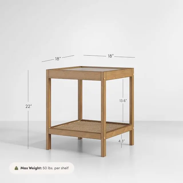 Alt view image 2 of 7 - Nathan James 33301 Hayes Solid Wood Nightstand, Bedside, End or Side Table in Light Brown Wood Finish & Glass Top with Open Storage Shelf, 18 in x 18 in x 22 in
