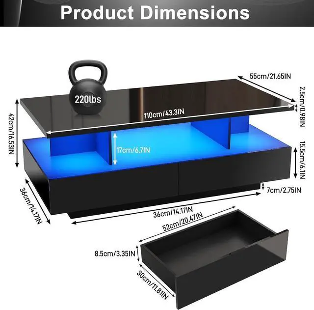 Alt view image 2 of 7 - 43in Large LED Coffee Table w/ 2 Big Storage Drawers,60,000-color Lights,App Control,High Glossy Modern Black Coffee Table,Rectangle 2-Tier Center Table w/Display Shelf for Living Room