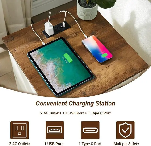 Alt view image 4 of 6 - OKD 18" Farmhouse End Table with Charging Station, Antique White