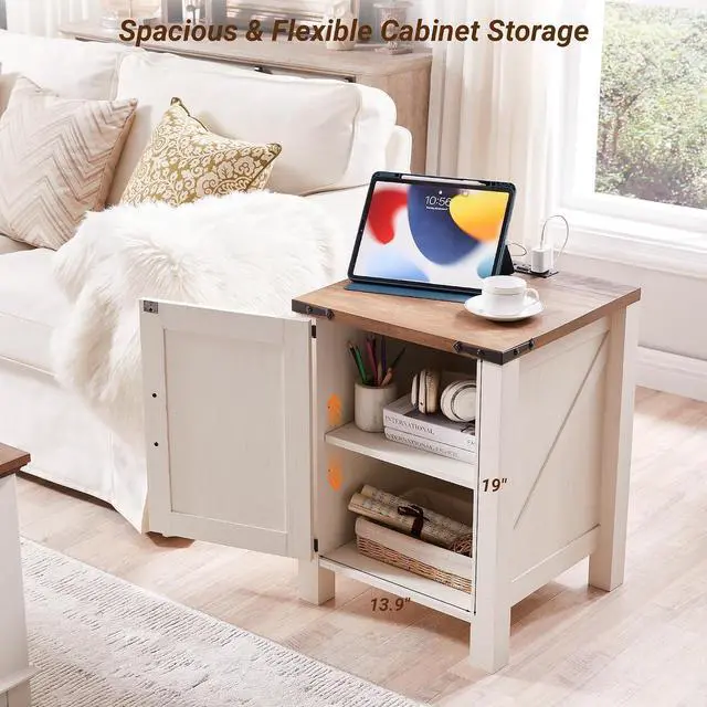 Alt view image 5 of 6 - OKD 18" Farmhouse End Table with Charging Station, Antique White