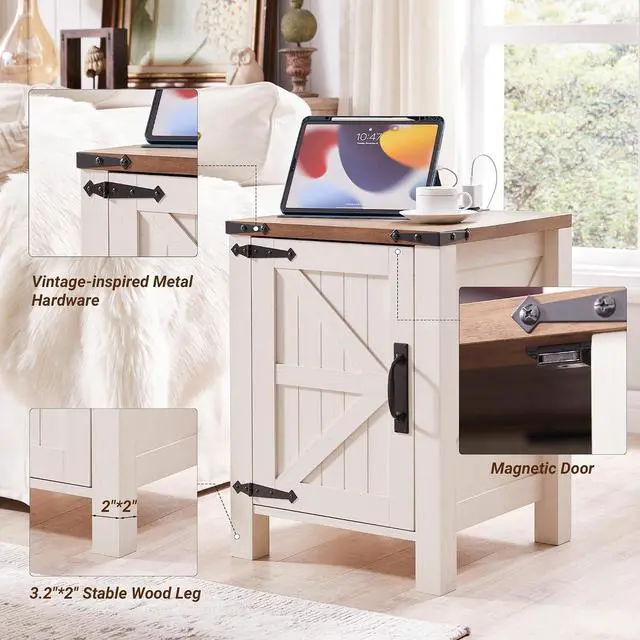 Alt view image 6 of 6 - OKD 18" Farmhouse End Table with Charging Station, Antique White