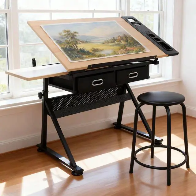 Alt view image 2 of 7 - ZENY Drafting Table Art Desk Drawing Table Height Adjustable Artist Table with Tilted Tabletop, Drafting Stool and Storage Drawer for Reading, Writing, Crafting, Painting Art
