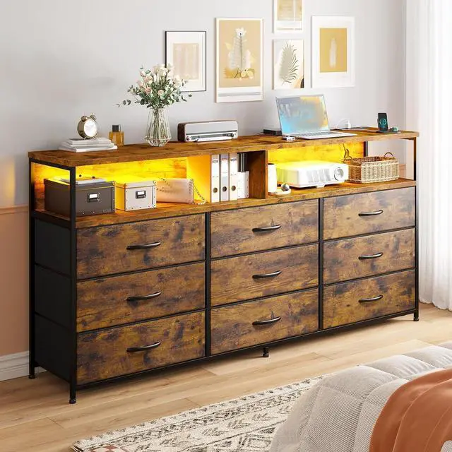 Alt view image 2 of 7 - EnHomee 55" W Dresser for Bedroom with Charging Station & LED Light,Brown