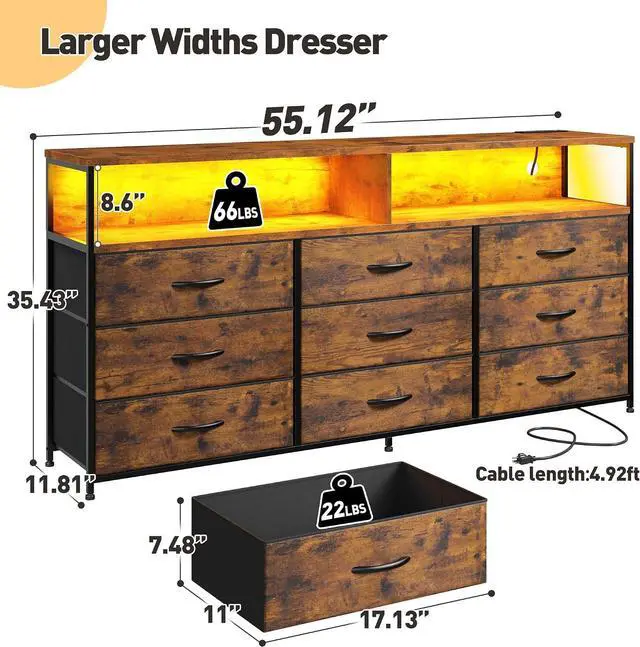 Alt view image 3 of 7 - EnHomee 55" W Dresser for Bedroom with Charging Station & LED Light,Brown