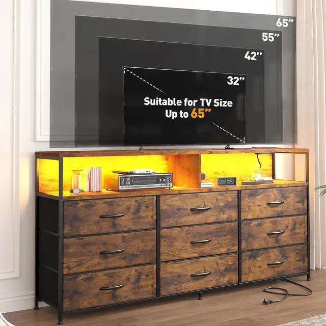 Alt view image 4 of 7 - EnHomee 55" W Dresser for Bedroom with Charging Station & LED Light,Brown