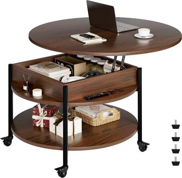 Main image of FABATO Small Round Lift Top Coffee Table with Wheels and Storage, Espresso