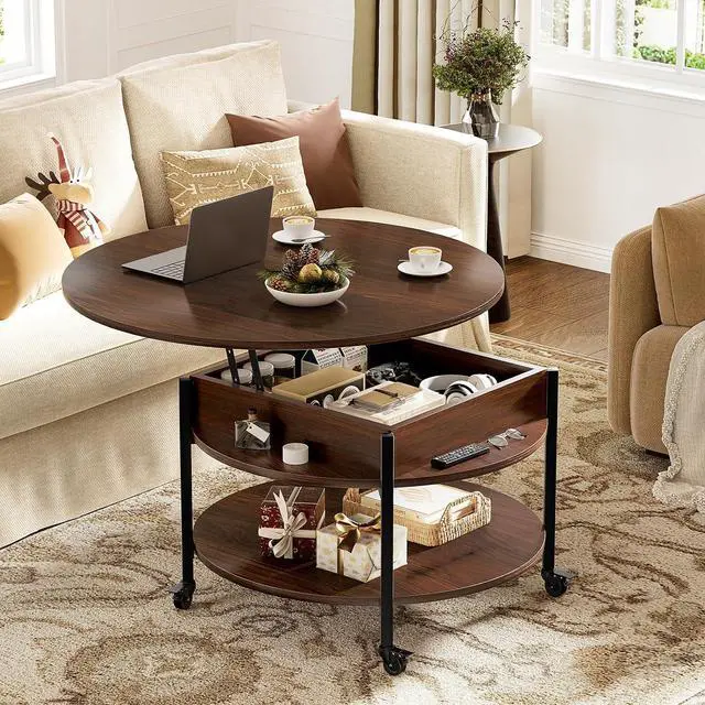 Alt view image 2 of 7 - FABATO Small Round Lift Top Coffee Table with Wheels and Storage, Espresso