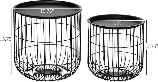 Alt view image 3 of 7 - HOMCOM Nesting Coffee Tables Round Wire Basket Table Set of 2 Black