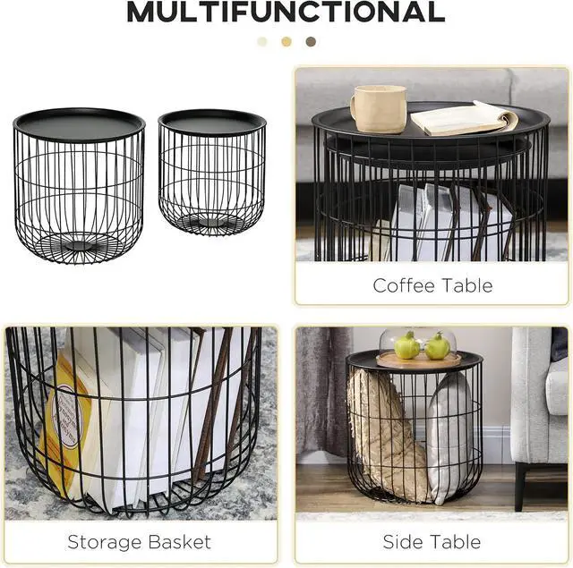 Alt view image 6 of 7 - HOMCOM Nesting Coffee Tables Round Wire Basket Table Set of 2 Black