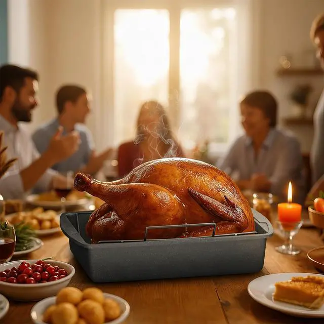 Alt view image 3 of 7 - BAKKEN Nonstick Turkey Roasting Pan with Rack 17 X 13 inch, Large Heavy-Duty Carbon Steel Roasting Pan, Wide Handles, Versatile for Baking, Grilling, & Roasting, Oven Safe Up to 450°F, Gray Marble