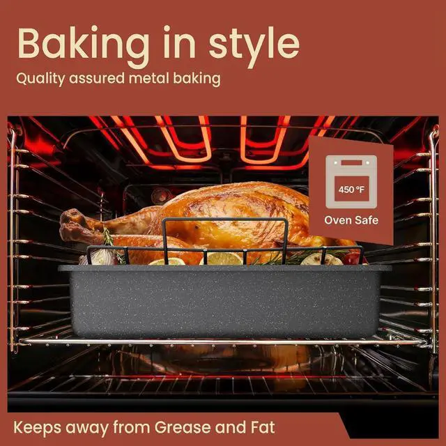 Alt view image 5 of 7 - BAKKEN Nonstick Turkey Roasting Pan with Rack 17 X 13 inch, Large Heavy-Duty Carbon Steel Roasting Pan, Wide Handles, Versatile for Baking, Grilling, & Roasting, Oven Safe Up to 450°F, Gray Marble
