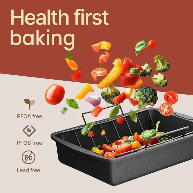 Alt view image 7 of 7 - BAKKEN Nonstick Turkey Roasting Pan with Rack 17 X 13 inch, Large Heavy-Duty Carbon Steel Roasting Pan, Wide Handles, Versatile for Baking, Grilling, & Roasting, Oven Safe Up to 450°F, Gray Marble