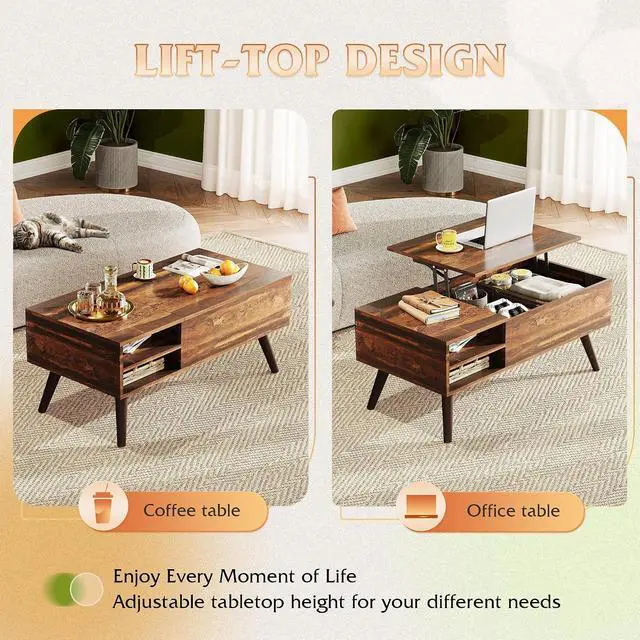 Alt view image 4 of 7 - WLIVE Lift Top Coffee Table with Hidden Storage, Adjustable Shelf, Brown