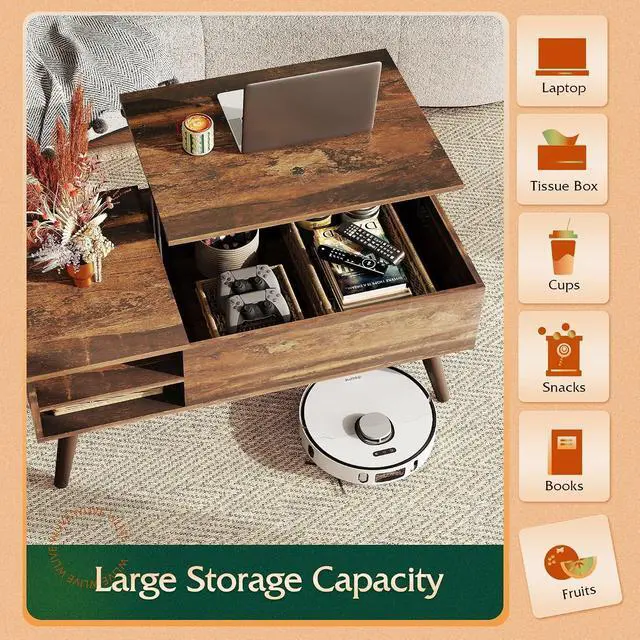 Alt view image 5 of 7 - WLIVE Lift Top Coffee Table with Hidden Storage, Adjustable Shelf, Brown