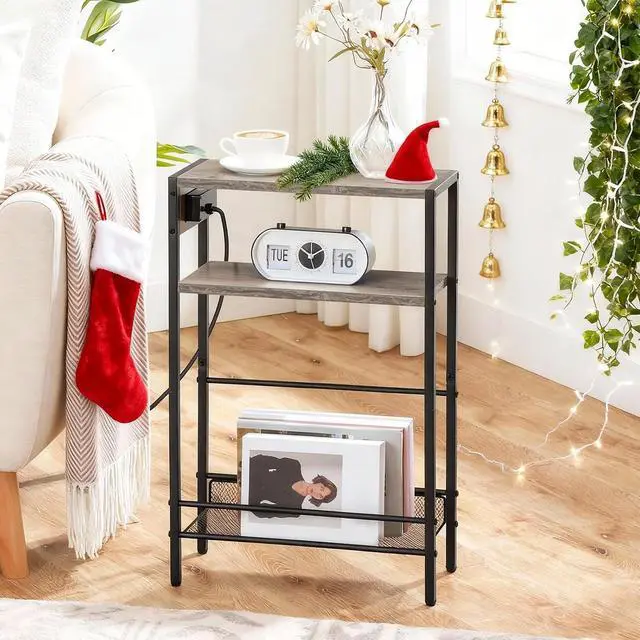 Alt view image 2 of 7 - HOOBRO Small Narrow Side Table with Charging Station, Skinny End Table for Small Spaces, Slim Nightstand with USB Ports Outlet, Sofa Beside Table with Storage Shelf, Greige and Black BG102UBZ01